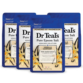 Dr Teal's Vanilla Comfort Epsom salt bottle pour promotes a relaxing bath experience.