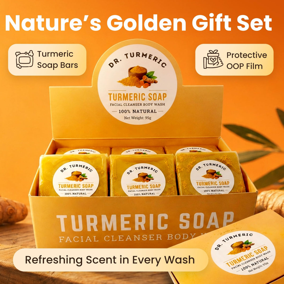 Dr. Turmeric 12-bars package shown for versatile family skincare.