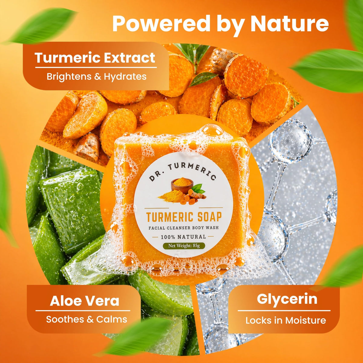 Dr. Turmeric soap bar features refreshing scent for a spa-like cleanse.
