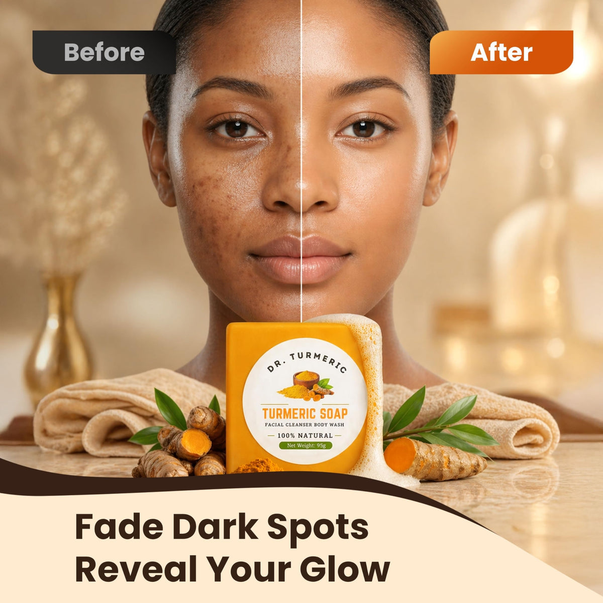 Dr. Turmeric soap bar resting in basket for everyday routine.