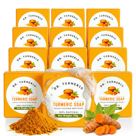 Dr. Turmeric soap bar close-up showing rich lather for face and body cleansing.