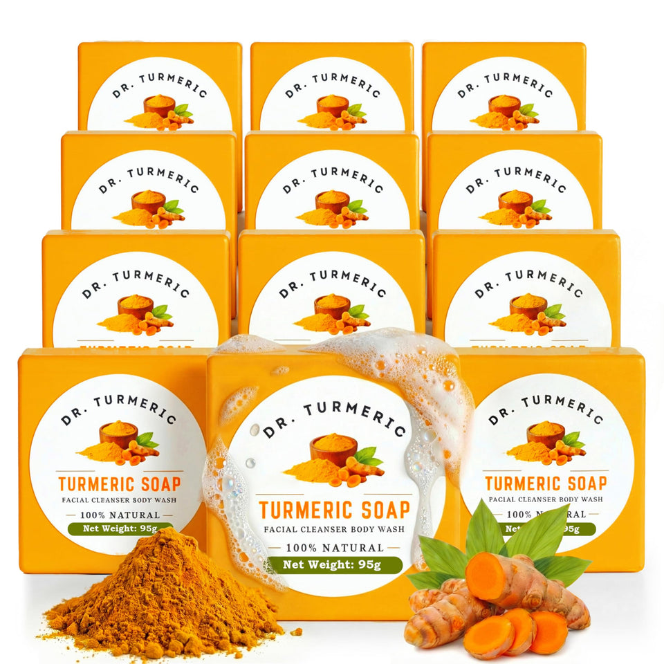 Dr. Turmeric soap bar close-up showing rich lather for face and body cleansing.