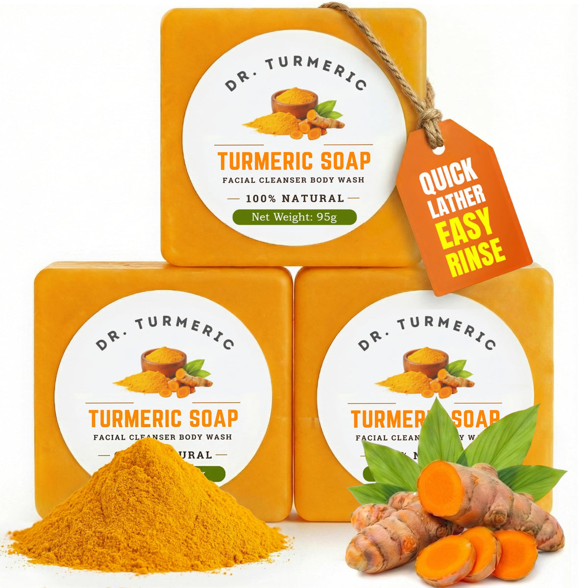 Dr. Turmeric turmeric soap bar with rich lather for cleansing face and body.