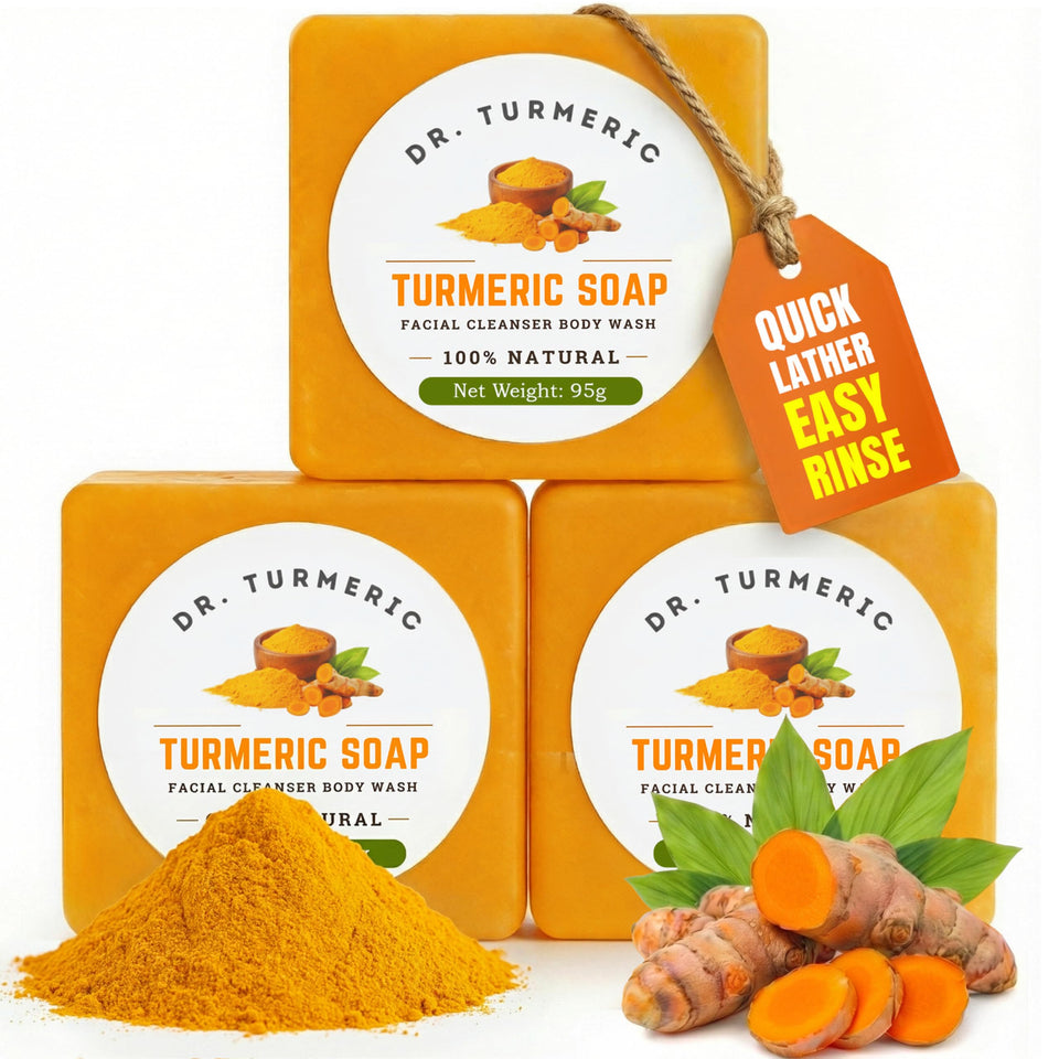 Dr. Turmeric turmeric soap bar with rich lather for cleansing face and body.