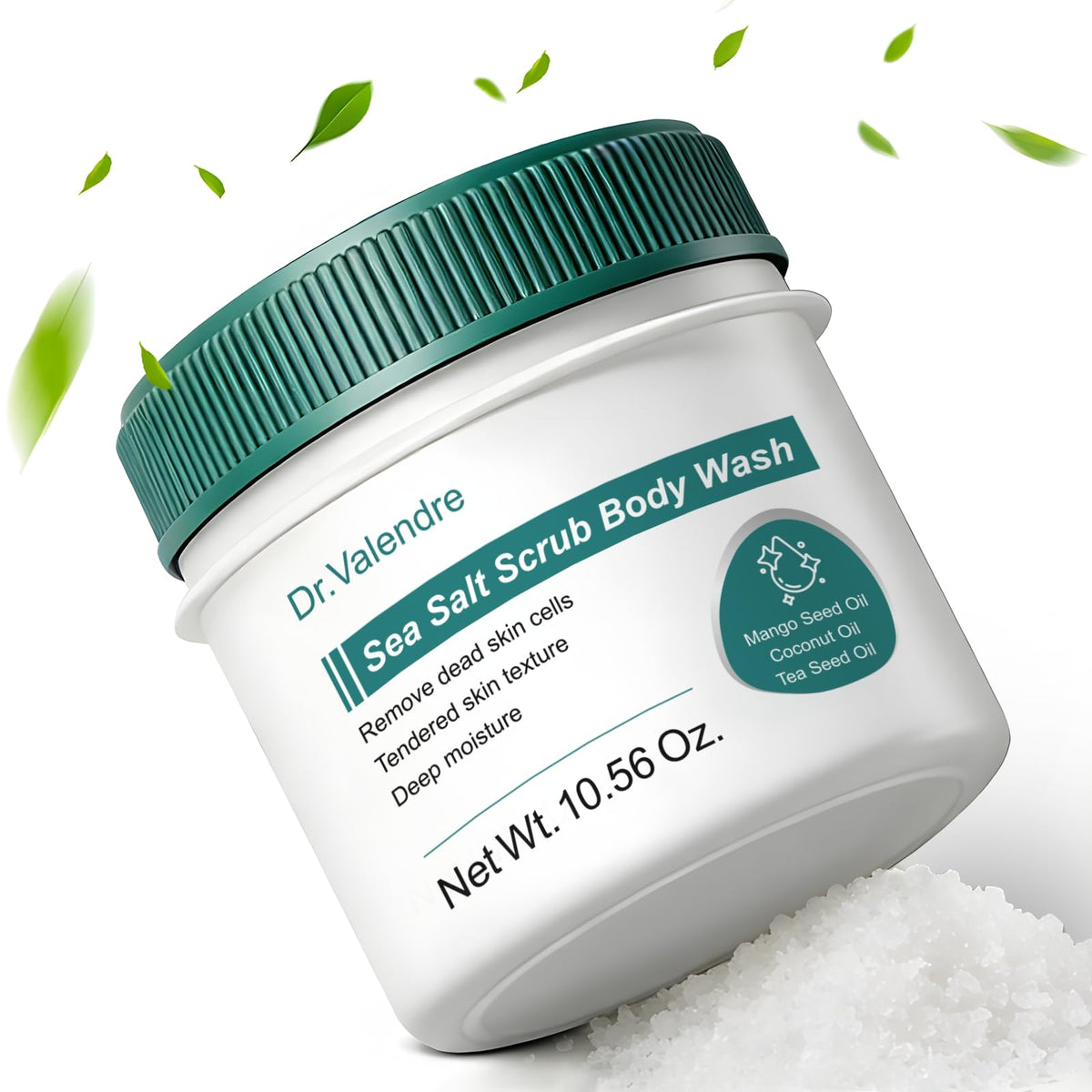 Dr. Valendre Sea Salt Scrub bottle with nourishing oils for smooth, hydrated skin.