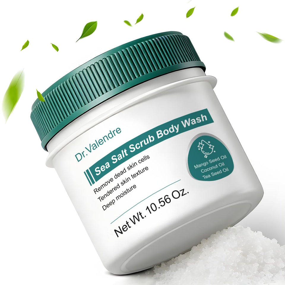 Dr. Valendre Sea Salt Scrub bottle with nourishing oils for smooth, hydrated skin.