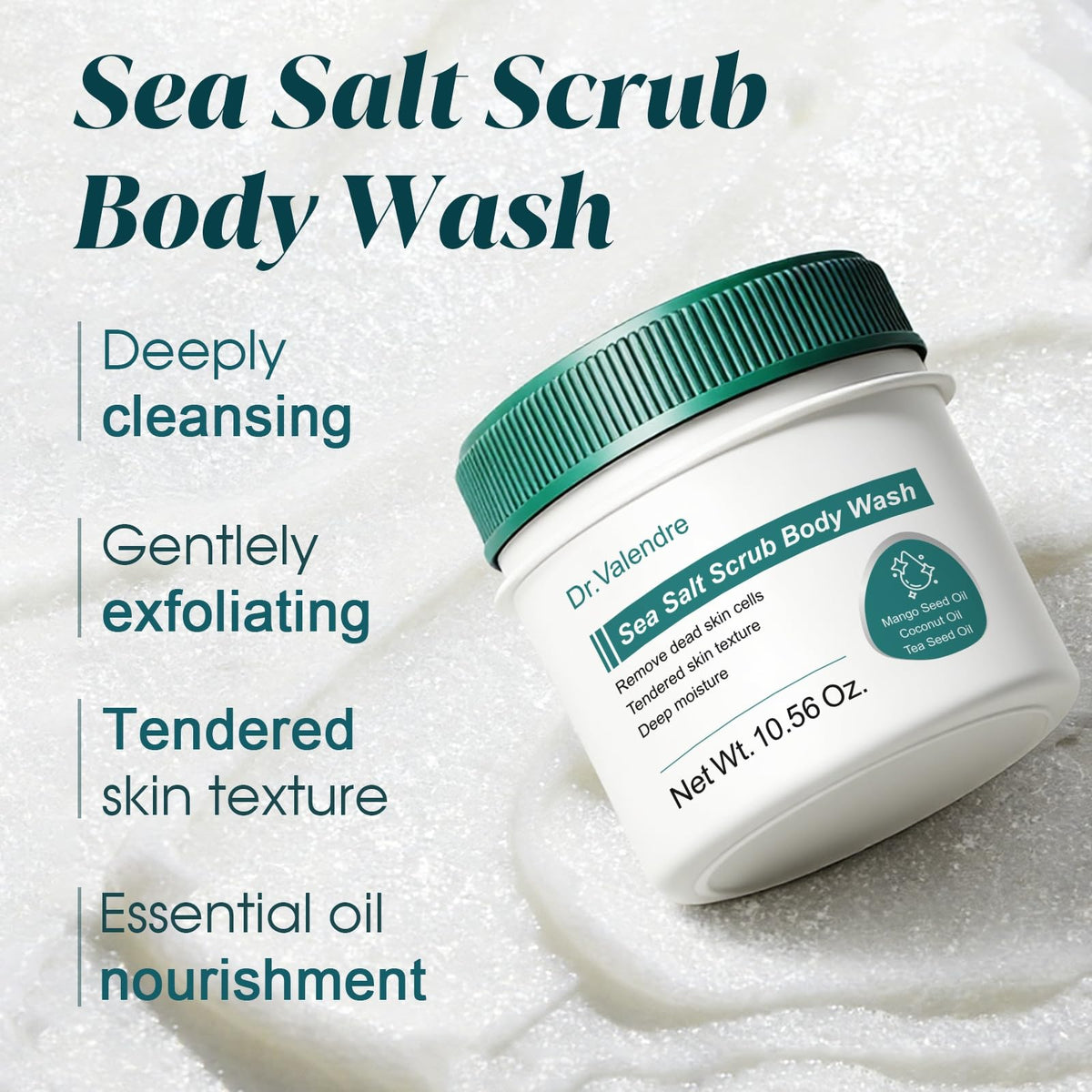 Dr. Valendre Sea Salt Scrub texture on skin shows exfoliation and smoother patches.