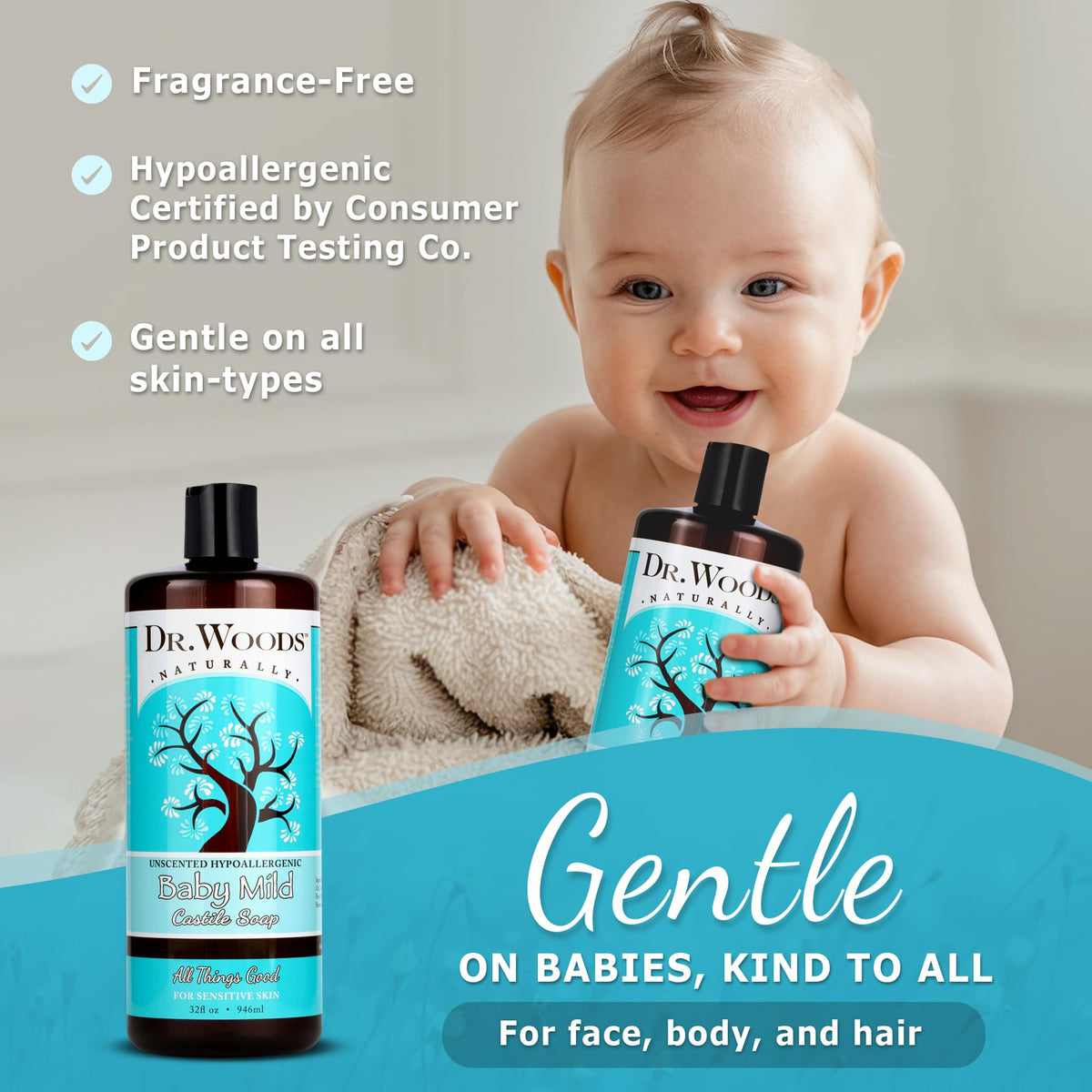 Dr. Woods Baby Mild Castile Soap lather close-up for face, body, and hair.