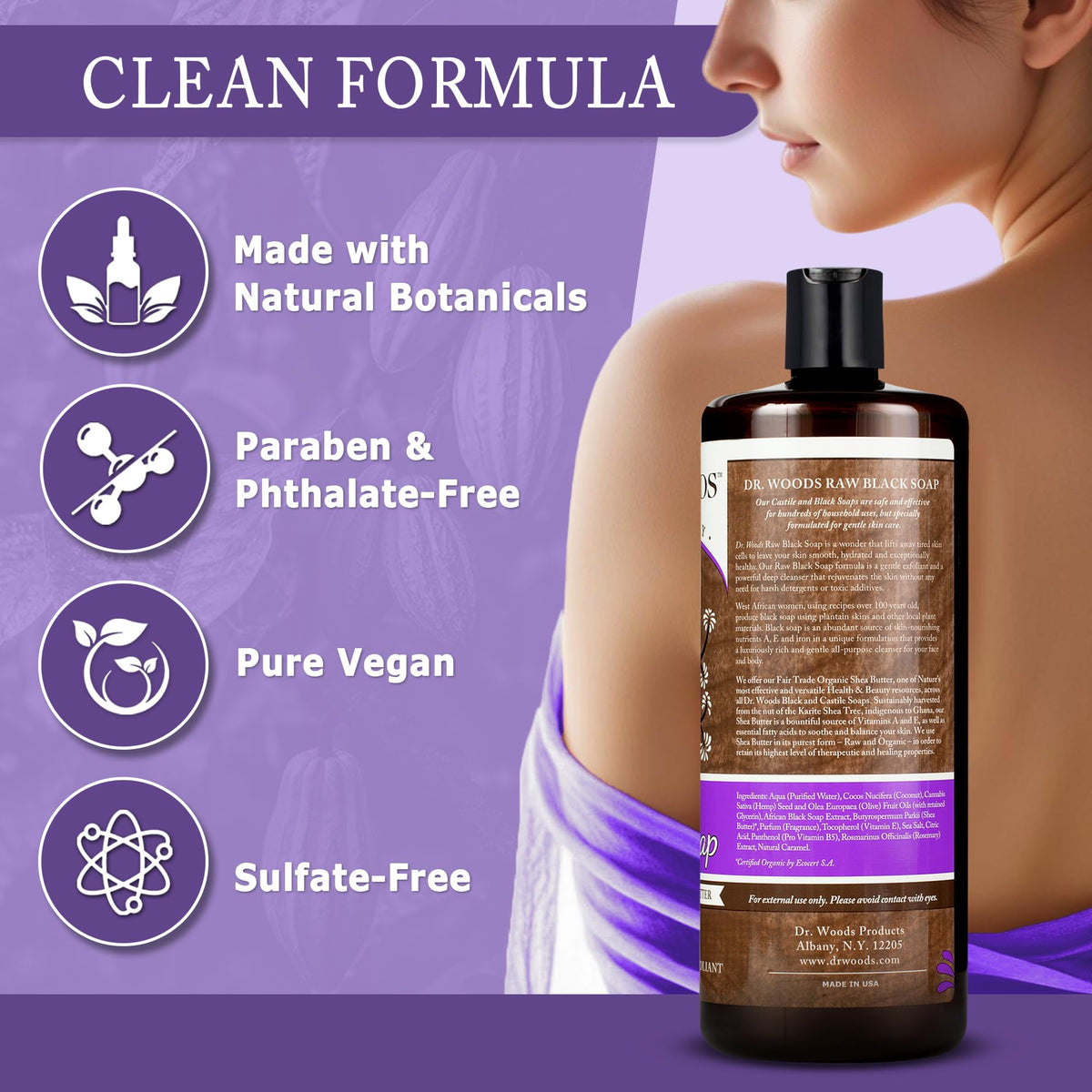 Versatile Dr. Woods cleanser shown for face, hands, and body in daily use.