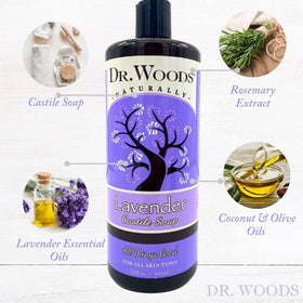 Dr. Woods Lavender Castile Soap hands, versatile cleanse for body and face.