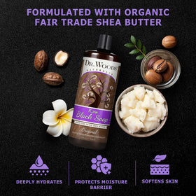 Close-up of nutrient-rich formula in Dr. Woods soap emphasizing vitamins A and E.