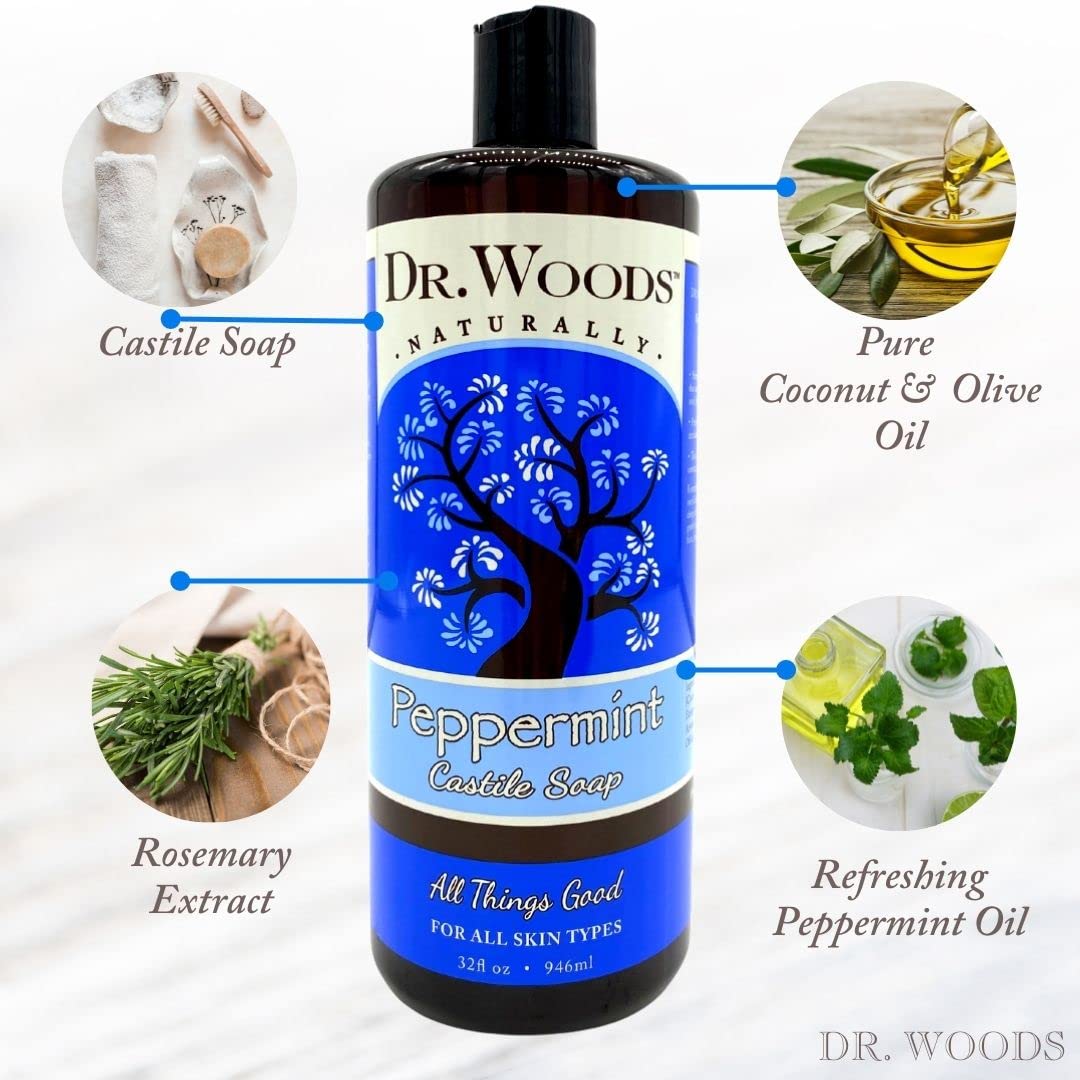 Dr. Woods Peppermint Castile Soap foamy bubbles indicate gentle cleansing.