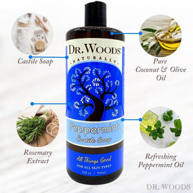 Dr. Woods Peppermint Castile Soap foamy bubbles indicate gentle cleansing.