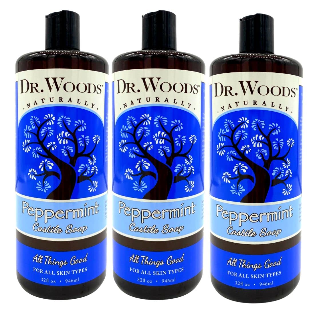 Dr. Woods Peppermint Liquid Castile Soap bottle with rich lather for cleansing.