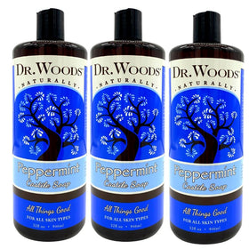 Dr. Woods Peppermint Liquid Castile Soap bottle with rich lather for cleansing.