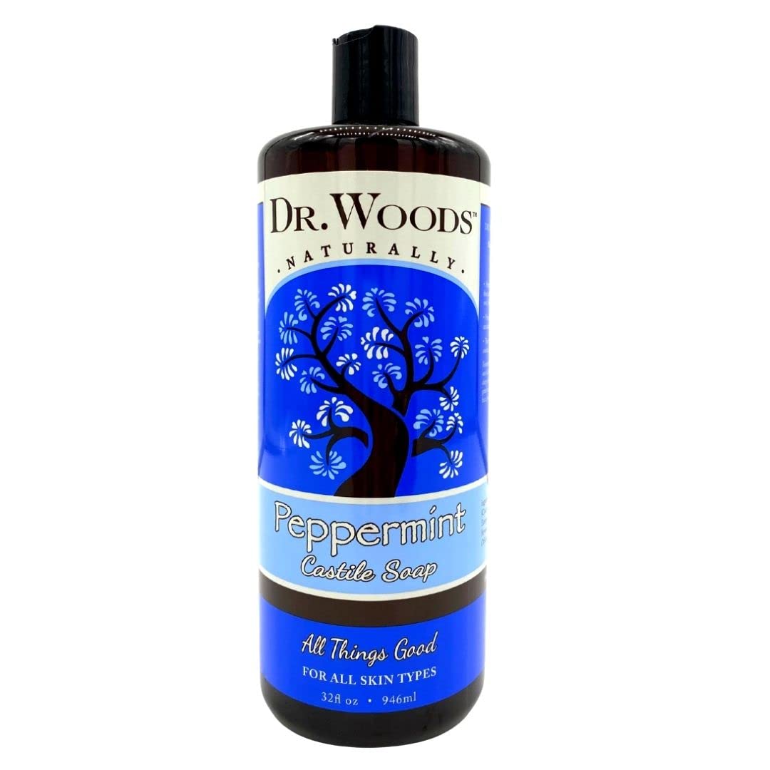 Dr. Woods peppermint liquid castile soap bottle showing refreshing cleanse