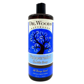 Dr. Woods peppermint liquid castile soap bottle showing refreshing cleanse