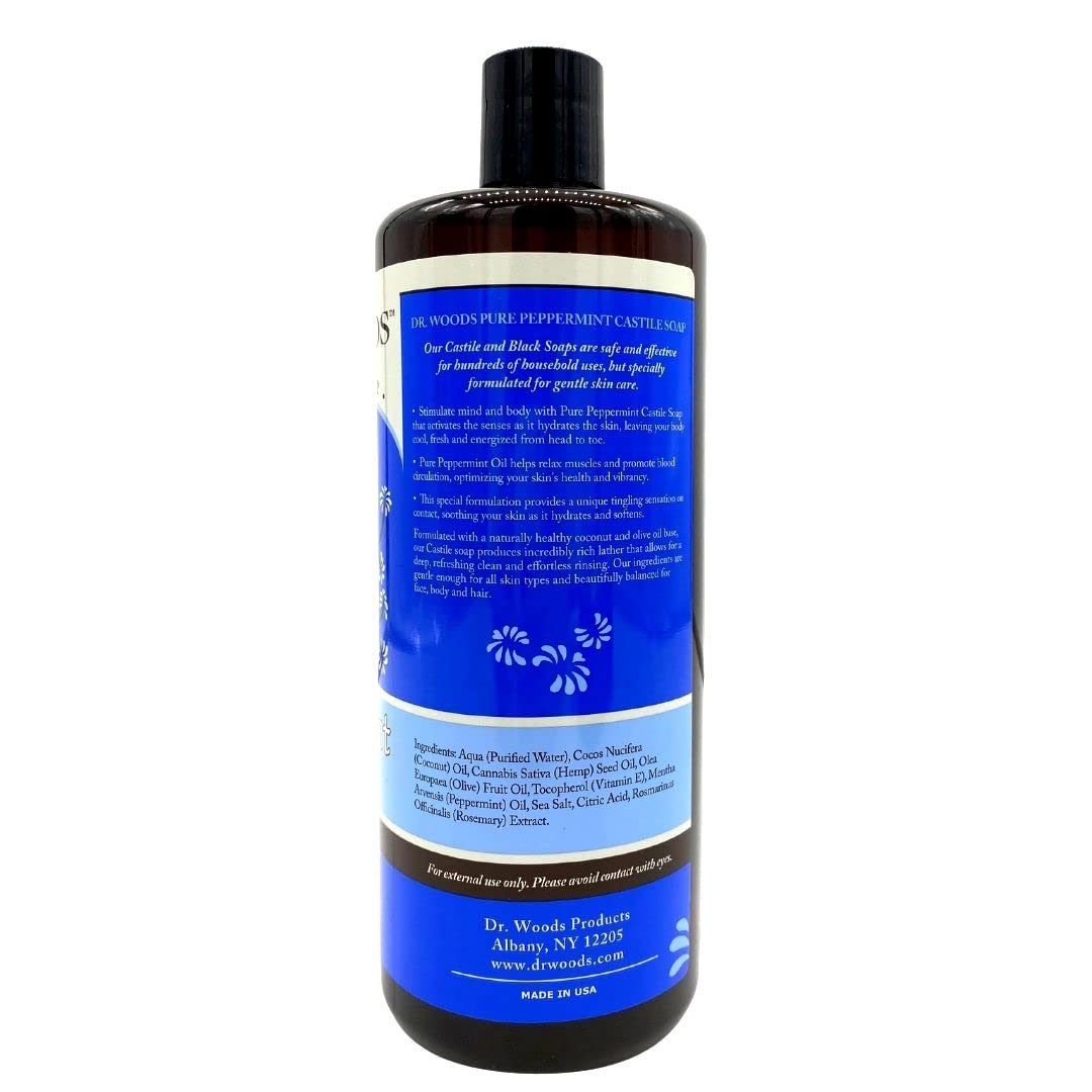 Dr. Woods Peppermint Castile Soap pour showing refreshing cleansing action.