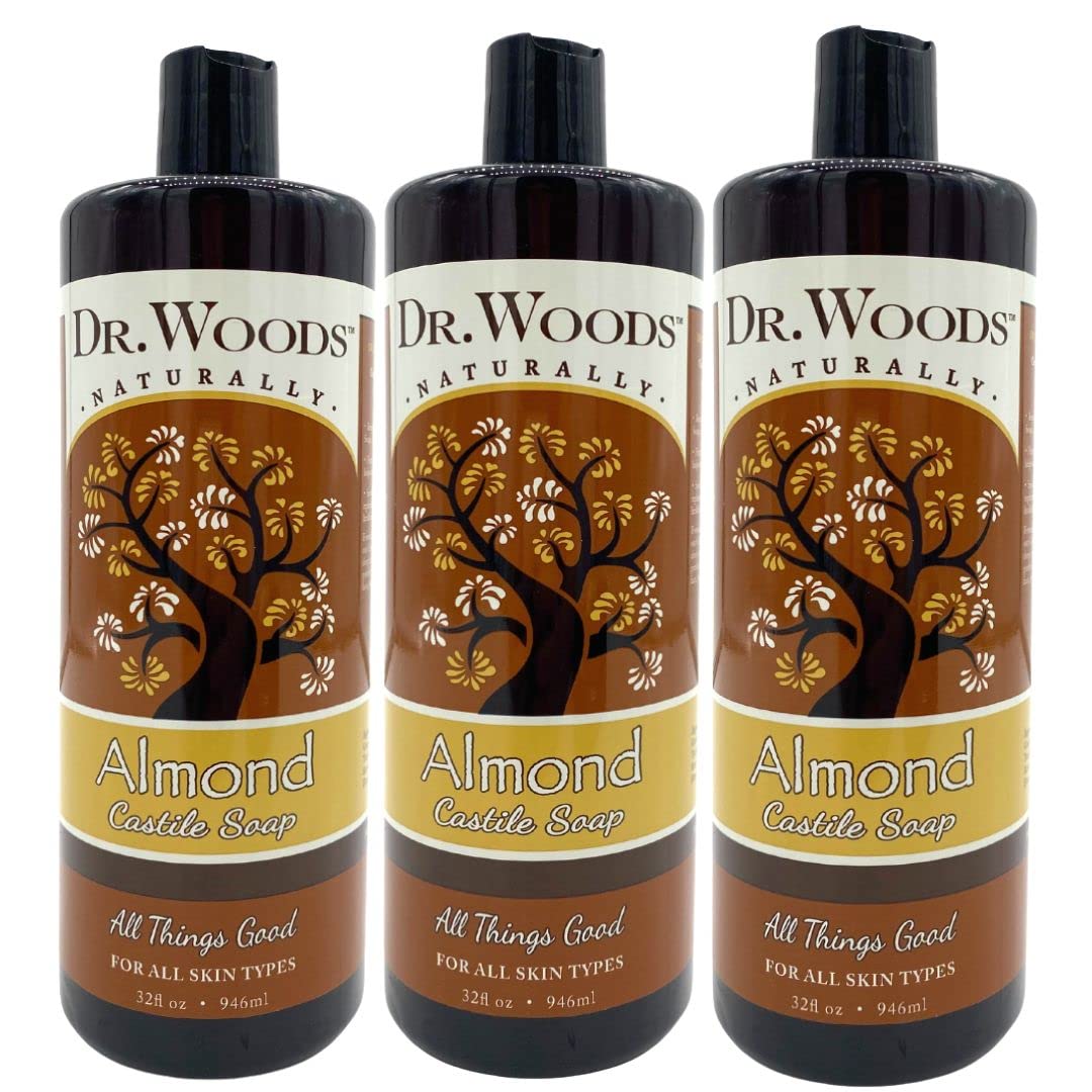 Dr. Woods Pure Almond Castile Soap bottle close-up showing natural cleansing benefits for face and body