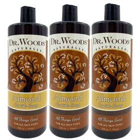Dr. Woods Pure Almond Castile Soap bottle close-up showing natural cleansing benefits for face and body