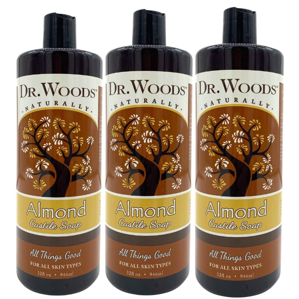 Dr. Woods Pure Almond Castile Soap bottle close-up showing natural cleansing benefits for face and body