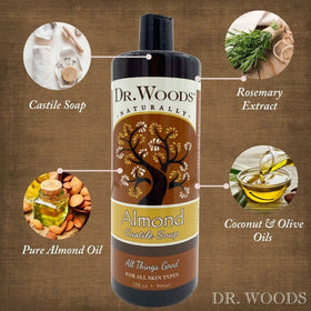 Dr. Woods Pure Almond ingredients featuring almond oil and vitamins A, E, D