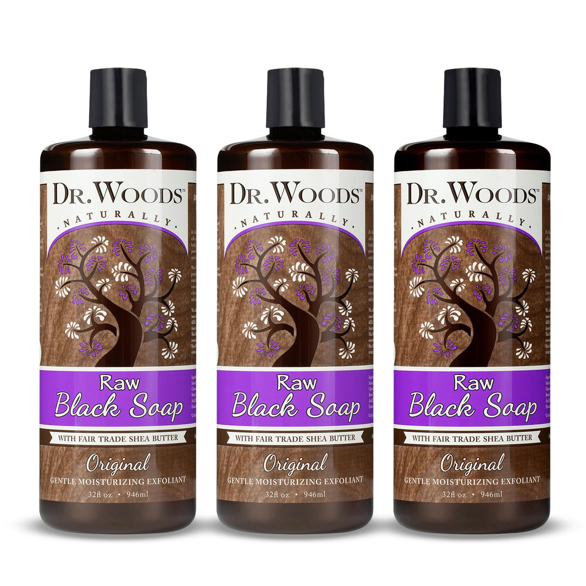 Dr. Woods Raw African Black Soap bottle closeup with organic shea butter highlight