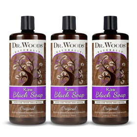 Dr. Woods Raw African Black Soap bottle closeup with organic shea butter highlight