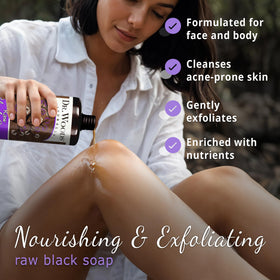 Dr. Woods Raw African Black Soap lather highlighting gentle exfoliation for smooth skin.