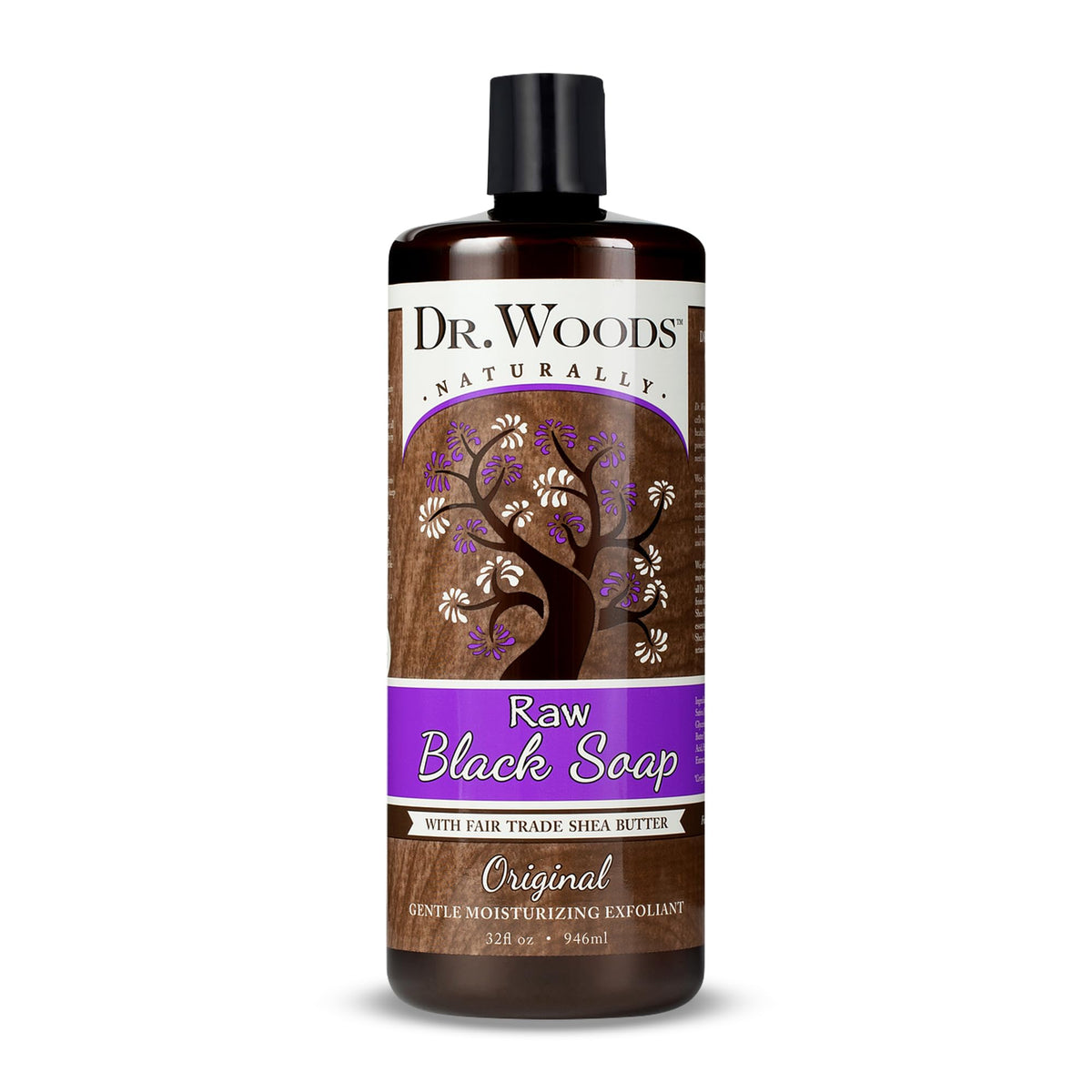 Dr. Woods Raw Black Soap bottle closeup shows natural ingredients for gentle cleansing