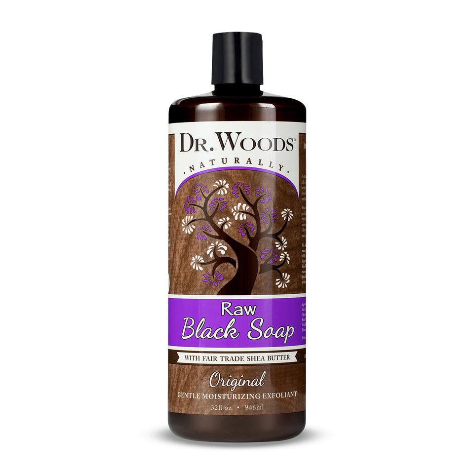 Dr. Woods Raw Liquid Black Soap bottle for rich cleansing on face and body.