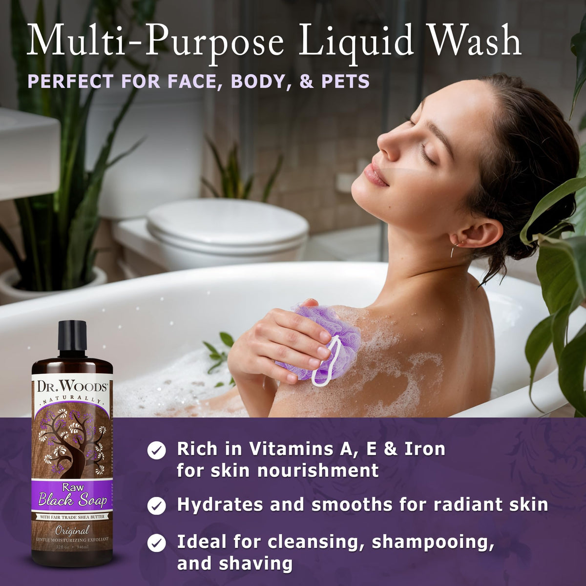 Dr. Woods Black Soap lather demonstrating gentle exfoliation and deep cleansing.