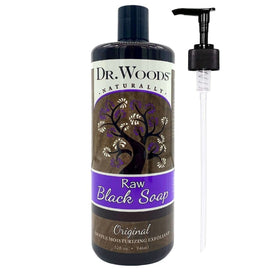 Dr. Woods Raw Liquid Black Soap pump bottle shown for everyday cleansing.
