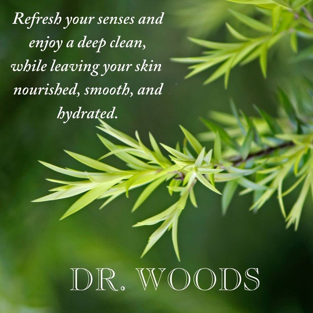 Dr. Woods tea tree castile soap used on hands for hydration and cleansing.