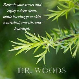 Dr. Woods tea tree castile soap used on hands for hydration and cleansing.
