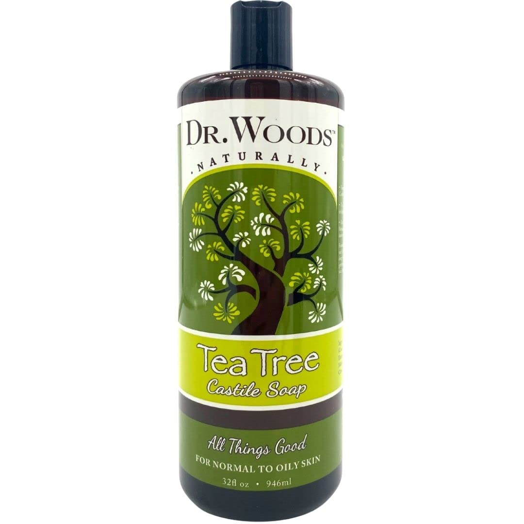 Dr. Woods Tea Tree Castile Soap bottle pouring for a refreshing cleanse.