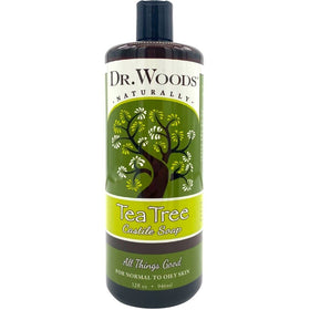 Dr. Woods Tea Tree Castile Soap bottle pouring for a refreshing cleanse.