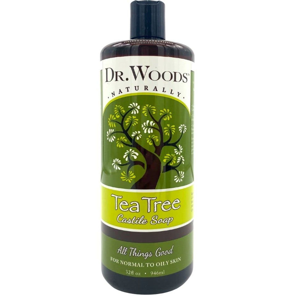 Dr. Woods Tea Tree Castile Soap bottle pouring for a refreshing cleanse.