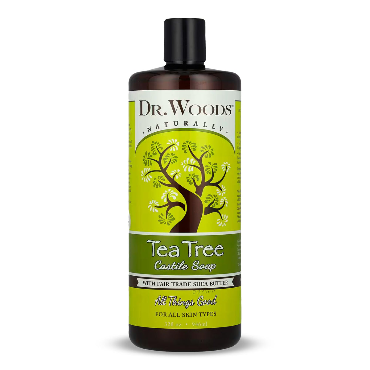 Dr. Woods Tea Tree Castile Soap bottle pour for a refreshing cleanse