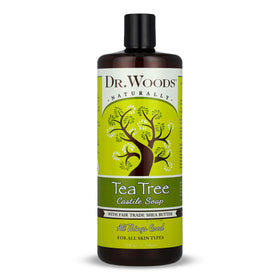 Dr. Woods Tea Tree Castile Soap bottle pour for a refreshing cleanse