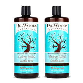 Dr. Woods Unscented Baby Mild Castile Soap bottle for gentle baby cleansing.