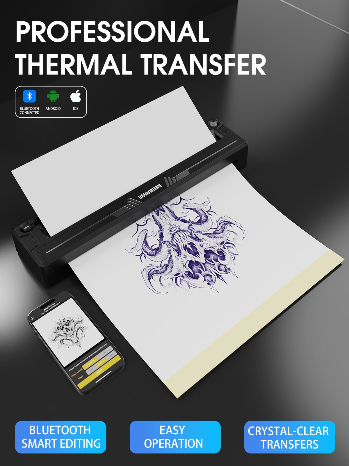 Dragonhawk A4 thermal printer delivers precise transfer for clean lines.