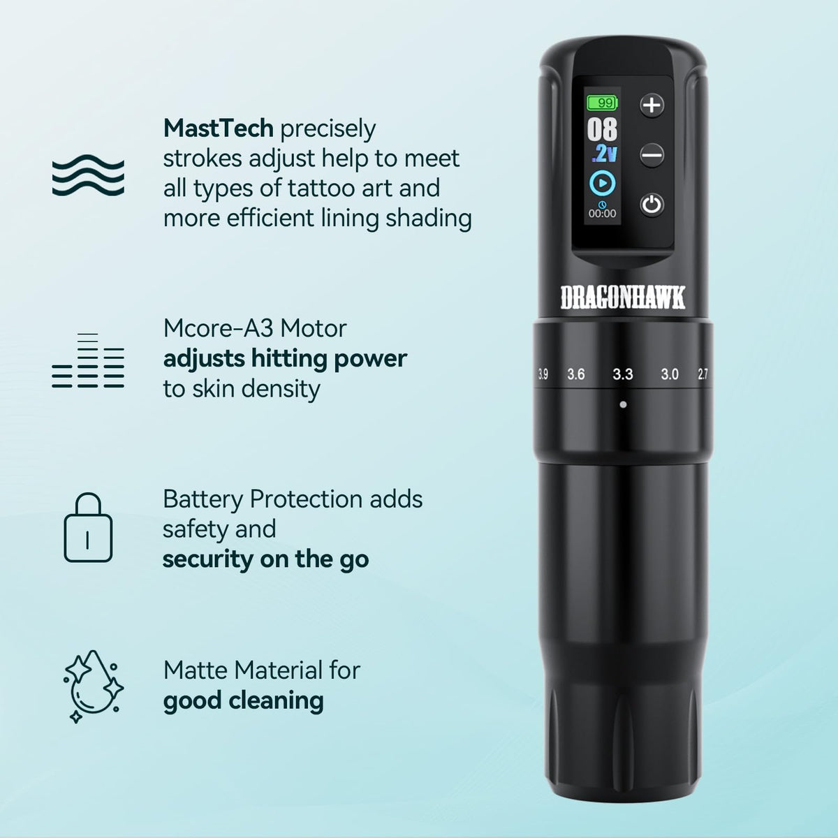Dragonhawk Atom2 Pro with two 2000mAh batteries for uninterrupted sessions.