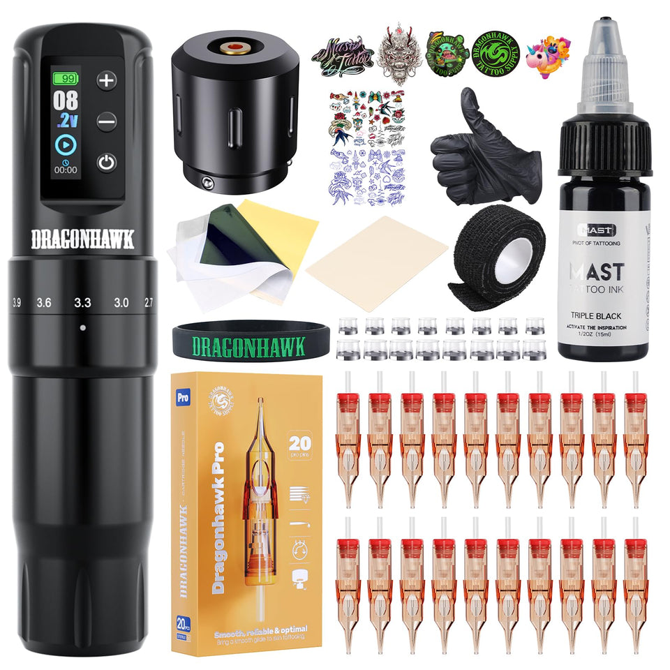 Dragonhawk Atom2 Pro cordless tattoo machine in hand, ready for precise lines