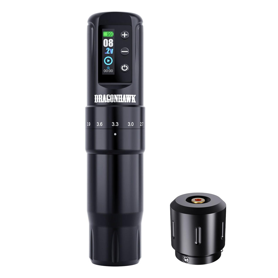 Dragonhawk Atom2 Pro cordless tattoo pen front view for on-site sessions