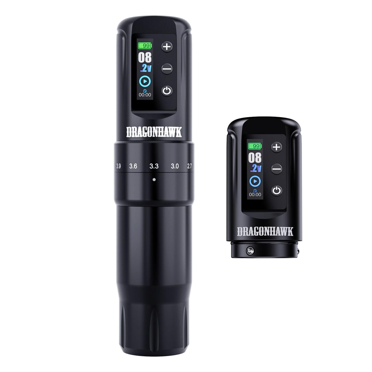 Dragonhawk Atom2 Pro cordless tattoo pen side view, lightweight design for long sessions.