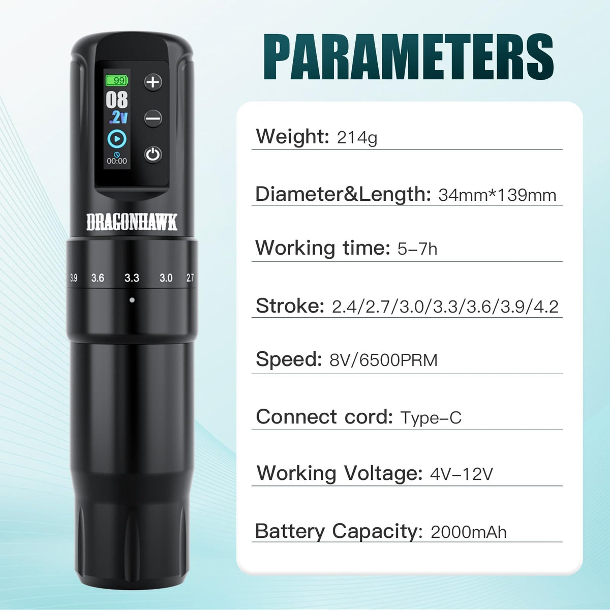 Dragonhawk Atom2 Pro OLED display shows voltage and battery.
