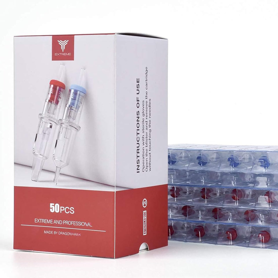 Dragonhawk Extreme needles cartridge box packaging demonstrates professional hygiene for reliable sessions.
