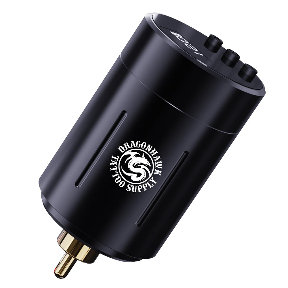 Dragonhawk tattoo battery front-view for uninterrupted sessions.