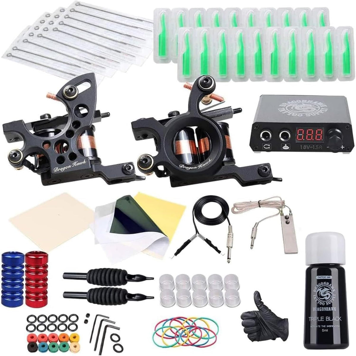 Dragonhawk Traditional Pro Kit dual machines for clean lining and shading.